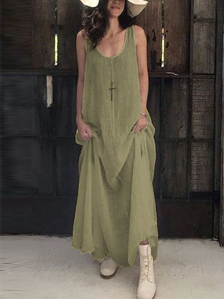 

Summer Plus Size Sleeveless U-Neck Linen Maxi Knitting Dress, Army green, Dresses