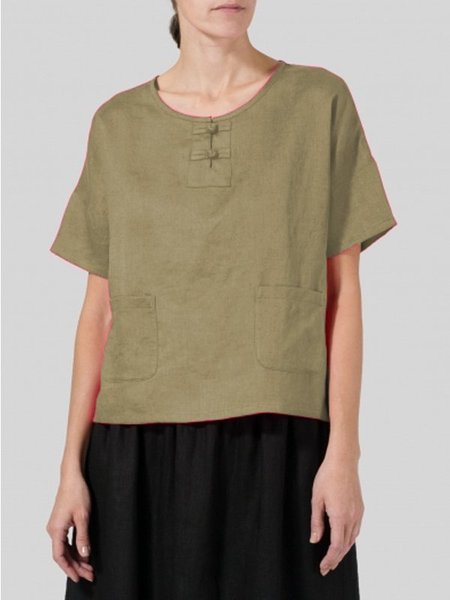 

Casual Short Sleeve Round Neck Solid Plus Size Tops, Khaki, Tops