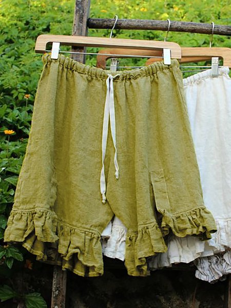 

Women Linen Folds Bottoms, Yellow, Shorts