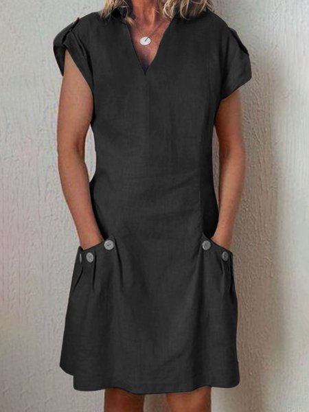 

Shirt Collar V Neck Shift Plus Size Dress, Black, Dresses