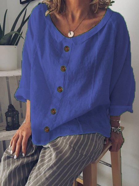 

Women Plus Size Buttoned Casual Solid Cotton-Blend Blouses, Blue, Summer Clearance