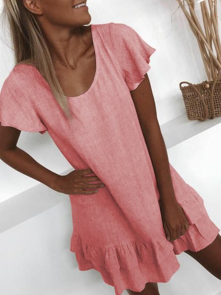 

taglia grande Casuale Scollo a U Solido Maniche Corte Mini Abito, Rosso, Linen & Cotton Dresses