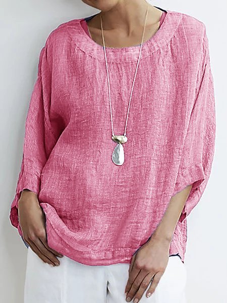 

Women Solid Casual Crew Neck Cotton Top, Pink, Tops