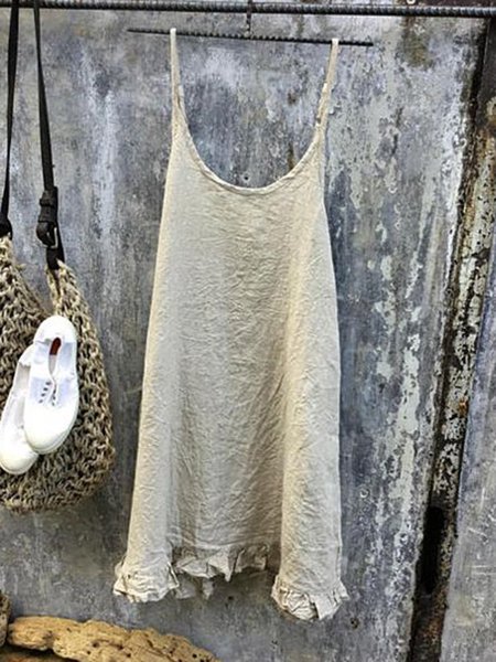 Summer Sleeveless Solid Mini Dress, Khaki, Midi Dresses
