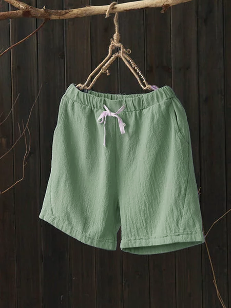 

6 Colors Pockets Linen Casual Solid Drawcord Plus Size Short, Light blue, Shorts