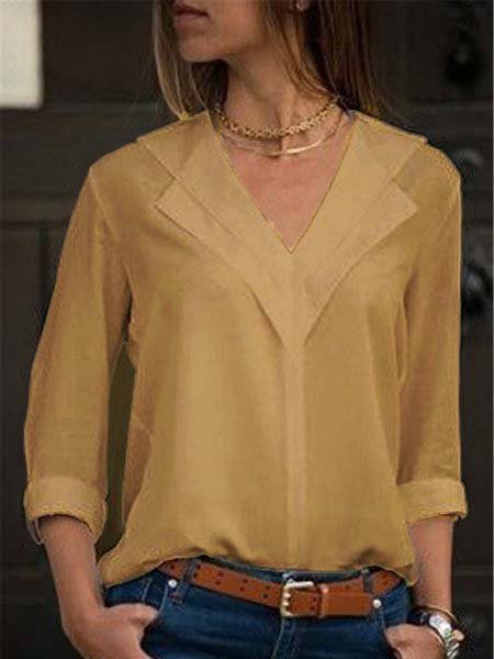 

Solido Chiffone Panelled Maniche Lunghe Casuale taglia grande Camicetta, Cachi, Blouses & Shirts