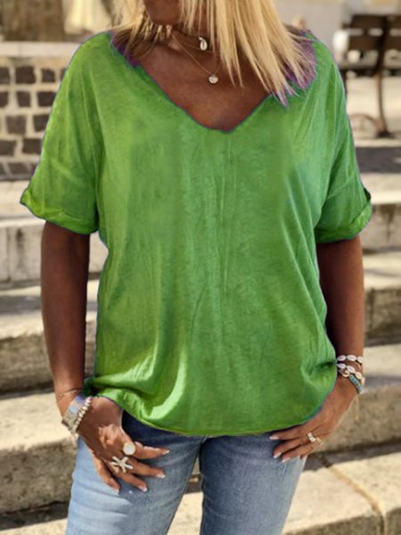 

zolucky Plain Cotton-Blend V Neck Casual T-shirt, Green, T-Shirts