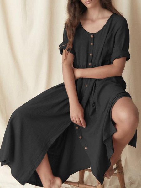 Gonna Più Taglia Casuale Solido a V Neck con 3/4 Manica, Nero, Casual Dresses