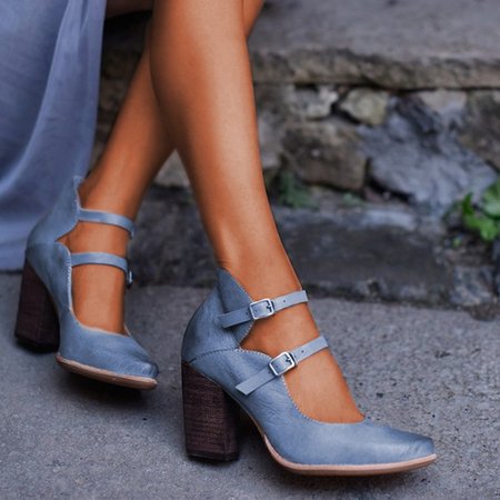 

Women Casual Vintage Chunky Heel Buckle Sandals, Blue, Sandals
