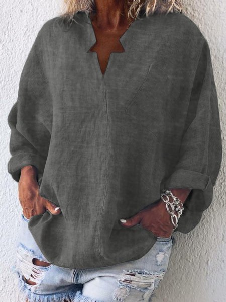 

Casuale Maniche Lunghe Misto Cotone Tinta unita camicette, Grigio scuro, Blouses & Shirts
