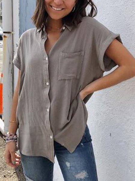 

zolucky Short Sleeve Casual Cotton-Blend Shirts & Tops, Light coffee, Blouses & Shirts