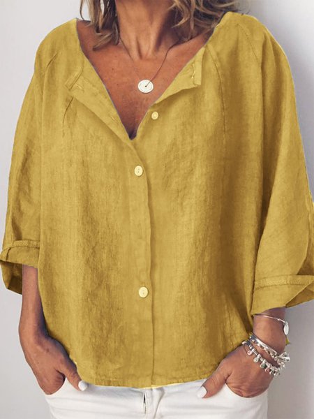 

Women Long Sleeve Casual Solid Linen Top, Yellow, Blouses & Shirts