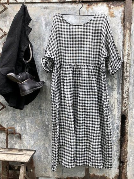 

zolucky Checkered Casual Short Sleeve Weaving Dress, Black, Casual Dresses