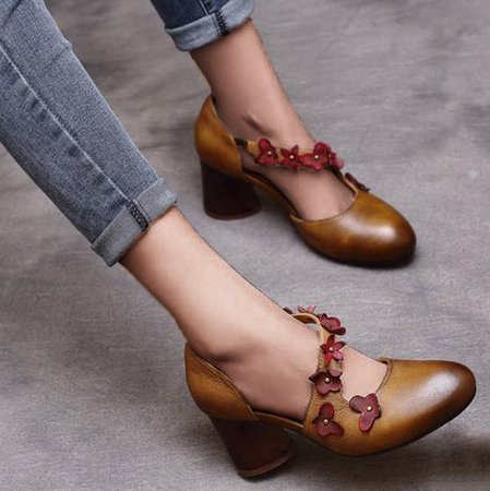 

Flower Round Toe Chunky Heel Summer Pu Women Sandals, Brown, Flat & Loafers