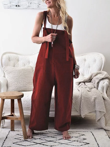 Cotone Tasche Casuale senza maniche Fidanzato tuta, Caffè, Jumpsuits