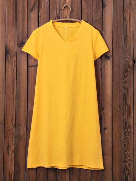V-Neck Shift Women Short Sleeve Casual Solid Summer Dress, Deep blue, Maxi Dress