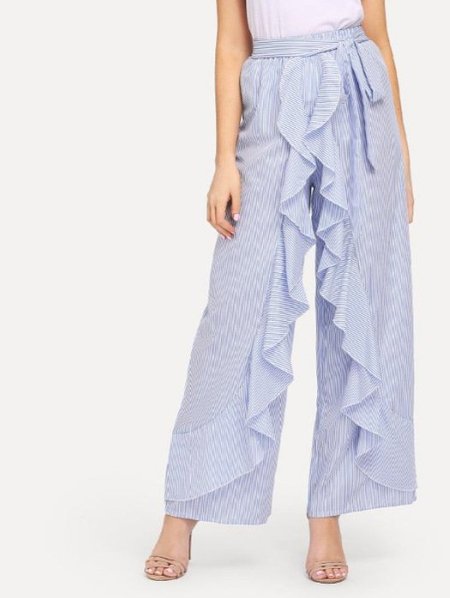 

Women Striped Cotton-Blend Pants, Blue, Bottoms