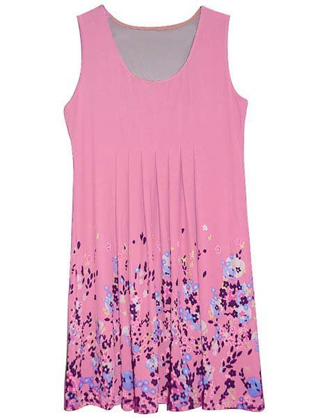 

A-line Women Daytime Sleeveless Cotton-blend Painted Floral Floral Dress, Pink, Casual Dress