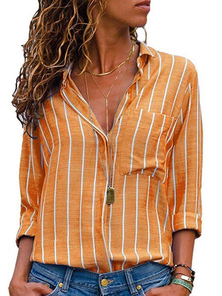 

T-shirt Collar Long Sleeve Striped Plus Size Printed/Dyed T-shirt, Yellow, Clearance