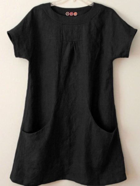 

Women's Blouse Cotton Linen Plain Colour Round Neck Pockets Linen Tunic Top, Black, Blouses & Shirts