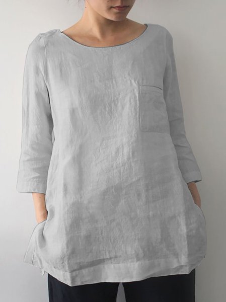 

Women's Shirt Blouse Linen Plain White Casual Basic Round Neck LongSleeve Linen and Cotton Tunic, Light gray, Tops