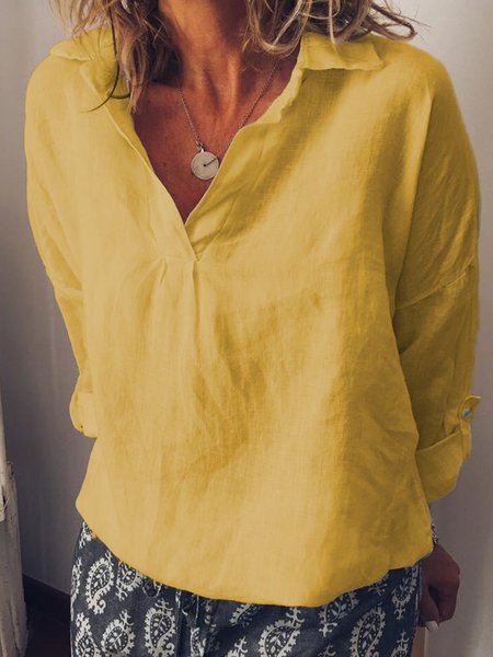 

Camicetta Taglia Grande a Maniche Lunghe Casuale Lino, Giallo, Blouses & Shirts