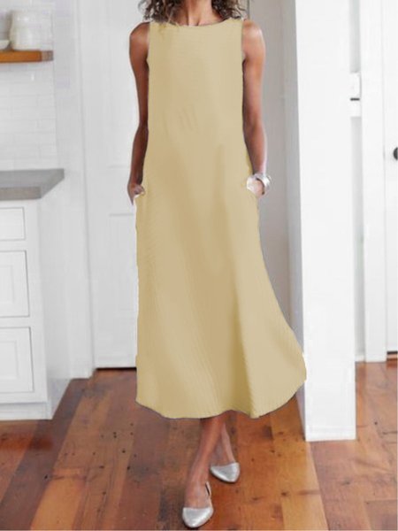 Casual Solid Sleeveless Pockets Long Summer Dress, Khaki, Midi Dresses