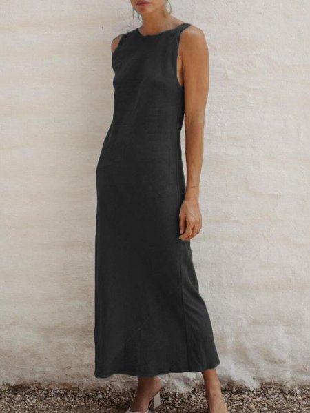

Plus Size Casual Round Neck Sleeveless SolidDresses, Black, Auto-Clearance