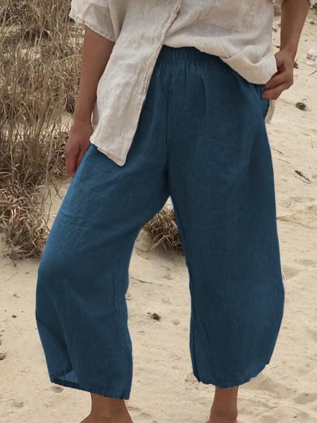 

Summer Pants Pockets Casual Shift Capri Linen Pants, Blue, Bottoms