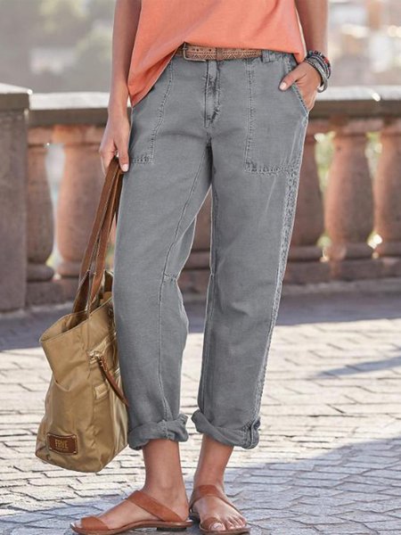

Pantaloni Casuale Tasche Solido Pizzo, Grigio, Pants