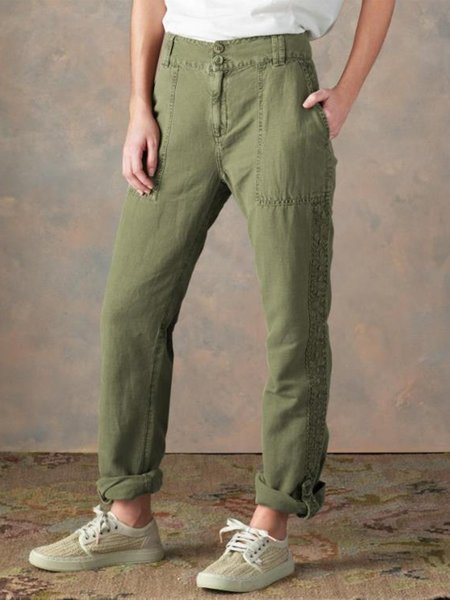 

Casual Pockets Solid Lace Pants, Olive green, Pants