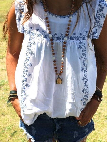 

Women Crew Neck Short Sleeve Boho Tank Top, White, Tank Tops & Camis
