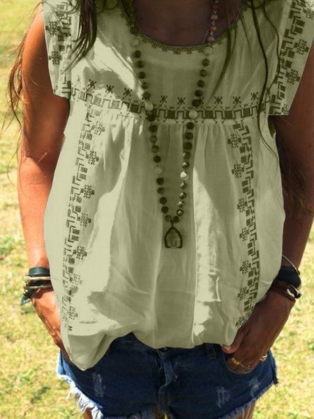 Camicia da Donne a Girocollo con Manica Corta Boho Top, Cachi, Tank Top