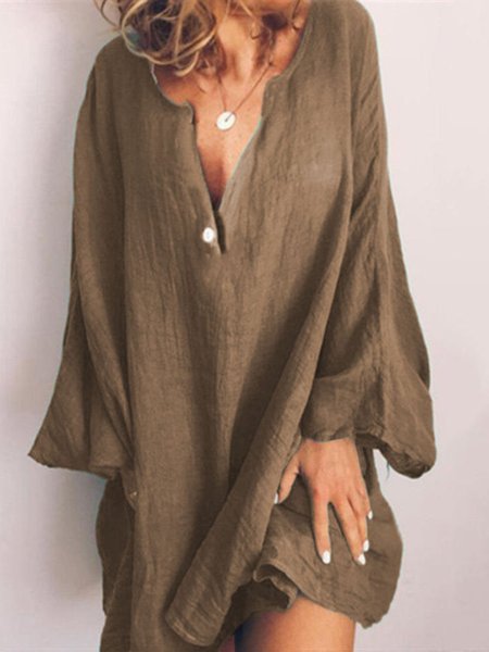 

Linen Long Sleeve Sweet Dress, Khaki, Casual Dress