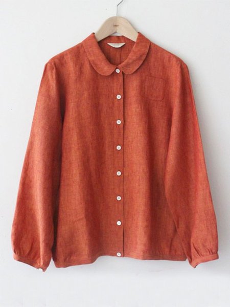 

zolucky Casual Long Sleeve Round Neck Plus Size Tops With Pockets, Orange, Blouses & Shirts