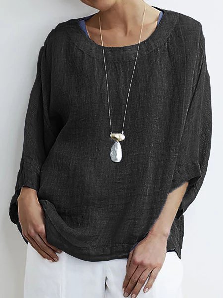 

Women Solid Casual Crew Neck Cotton Top, Black, Tops