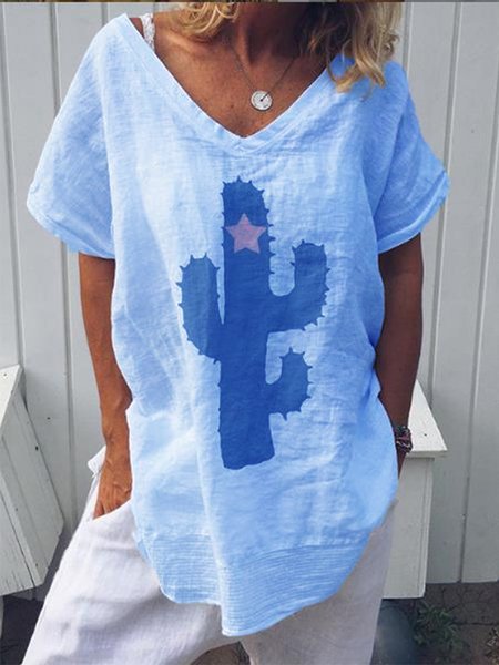 Camicia Casuale con Manica Corta a V Neck Stampato, Blu chiaro, T-Shirts