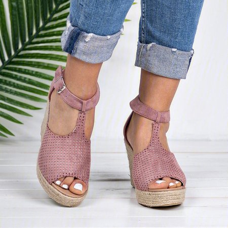 

Women Chic Espadrille Wedges Sandals with Adjustable Buckle, Pink, Sandals