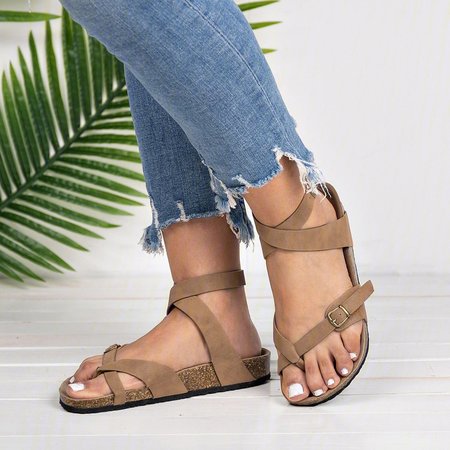

taglia grande Cinturino alla caviglia Fibbia infradito Gladiatore laccio Scarpe Piatte Sandali, Beige, Sandals