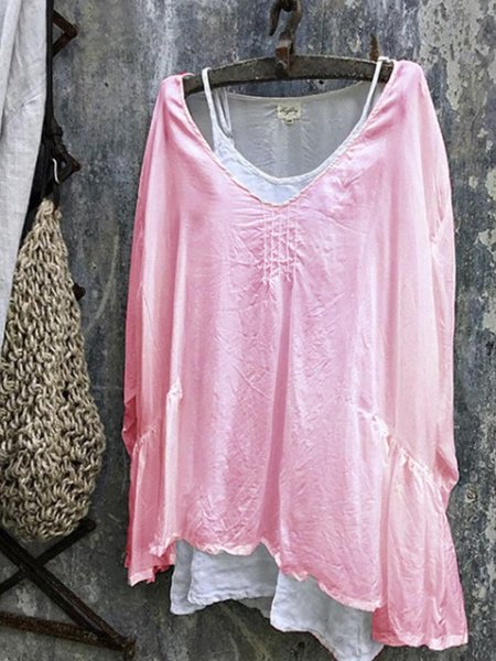 

Casual 3/4 Sleeve V Neck Plus Size Tops, Pink, Email discount