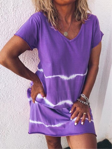 

zolucky Casual Striped V-neck Short Sleeve Dress, Purple, Dresses