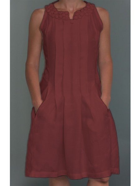 Gonna Solido Casuale a V Neck Cottone, Ruggine, Linen & Cotton Dresses