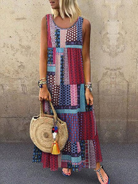 

Crew Neck Women Dresses Shift Daytime Printed Patchwork Maxi Dress, Red, Boho dresses