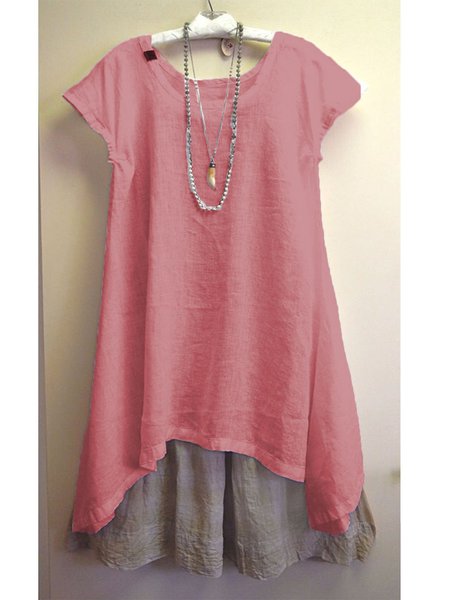 

Linen Solid Short Sleeve T-shirt, Rose red, Tops