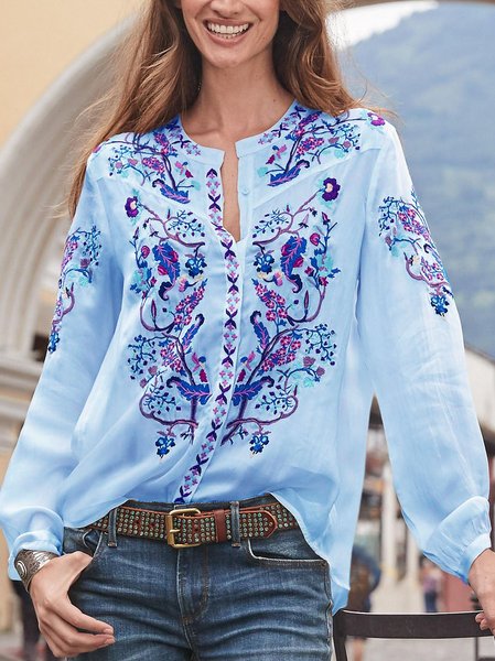 

Camicie & Top Casuale con Scollo a V con Maniche Lunghe, Blu chiaro, Blouses & Shirts