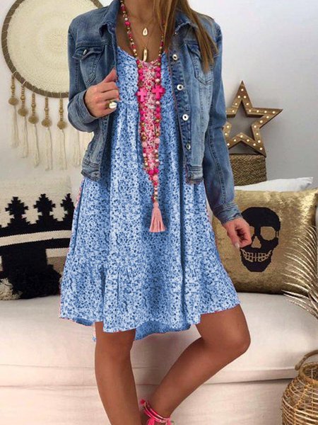 Red Floral Casual Short Sleeve Ruffled Weaving Dress, Blue, Dresses
