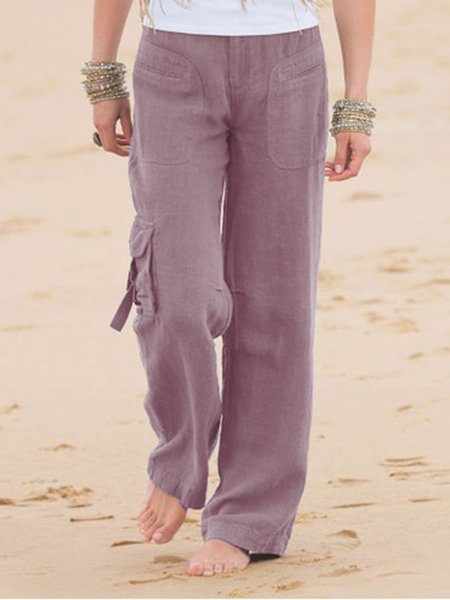 

Women Cotton Linen Casual Pockets Pants, Pink, Pants