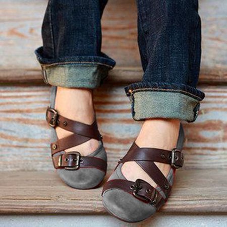 

Mocassini Fibbia Cinghia Casuale Scarpe Piatte, Grigio, Platform