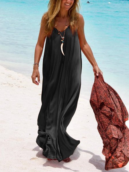 

Gonna Lunga Taglia Grande con Scollo a V senza Maniche Casuale, Nero, Casual Dresses