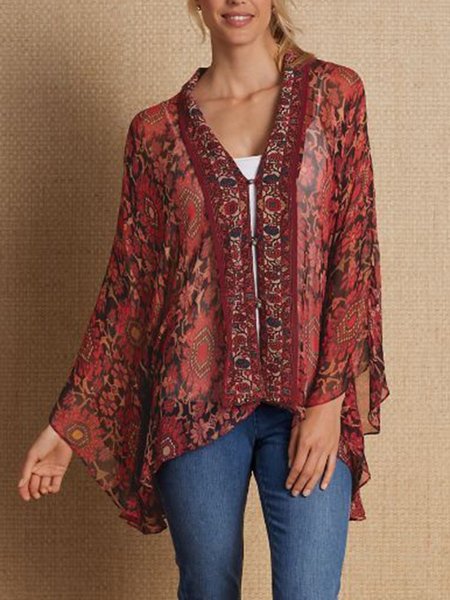 

V Neck Boho Long Sleeve Kimono, Red, Blouses